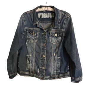Hydraulic Distressed Jean Jacket White Stitching Size 1X